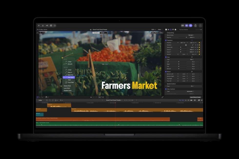 MacBook Pro 显示 Final Cut Pro 界面,展示关键帧调节。